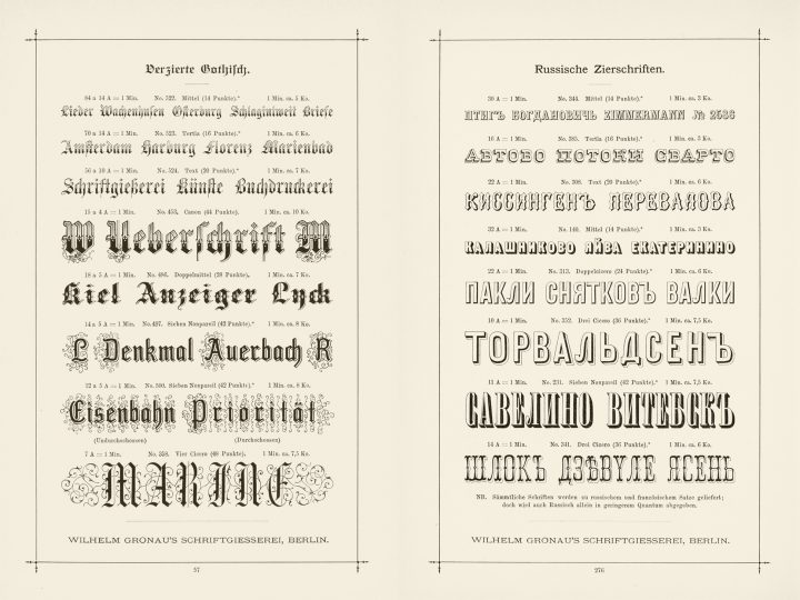 Two pages from Wilhelm Gronau’s 1891 type specimen catalog