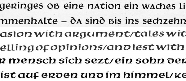 Hammerschrift, Samson, and Pindar typeface comparison