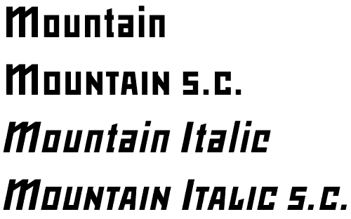 Waterfall graphic of the four fonts in the Mountain font family.