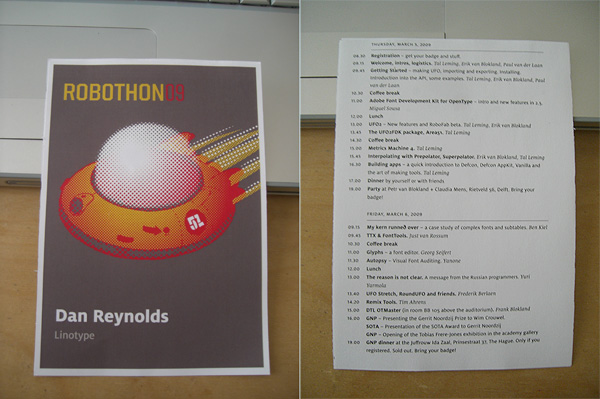 The front and back of the RoboThon conference badge