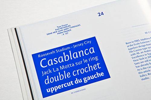 Type sample of Mathieu Réguer's Cassius Sans, from Slanted #13.