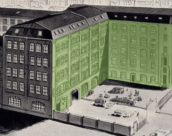 A crop of the previously-shown illustration, with the façade featured in the above photograph highlighted in green.