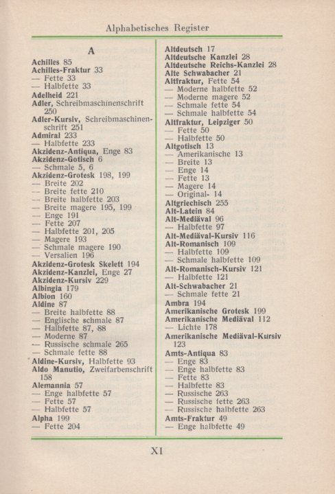 Page XI from Handbuch der Schriftarten listing all the Akzidenz-Grotesk fonts on sale in 1926