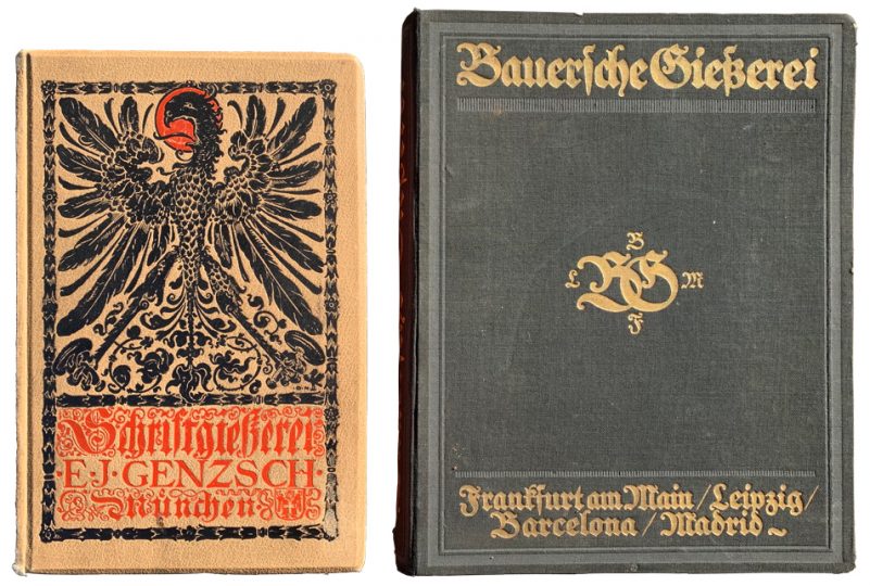 Photograph showing the covers of E. J. Genzsch’s 1902 and the Bauer’sche Gießerei’s ca 1915 type specimen catalogs against a white background. These catalogue contain many German sans serif typefaces.