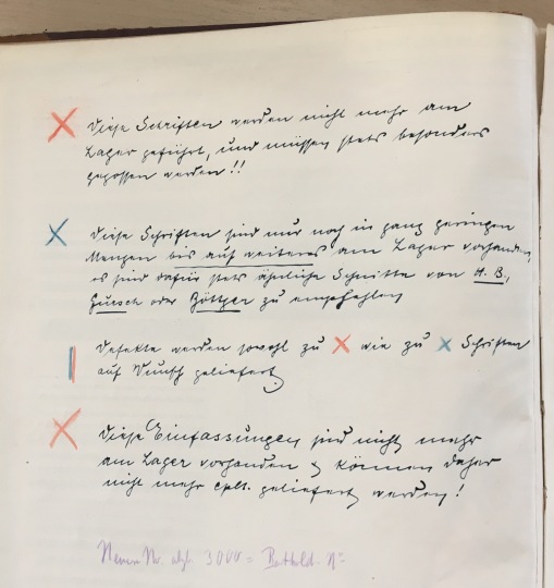 Handwritten notes inside a Ferd. Theinhardt GmbH specimen volume kept in the Historisches Archiv at the Deutsches Technikmuseum in Berlin.