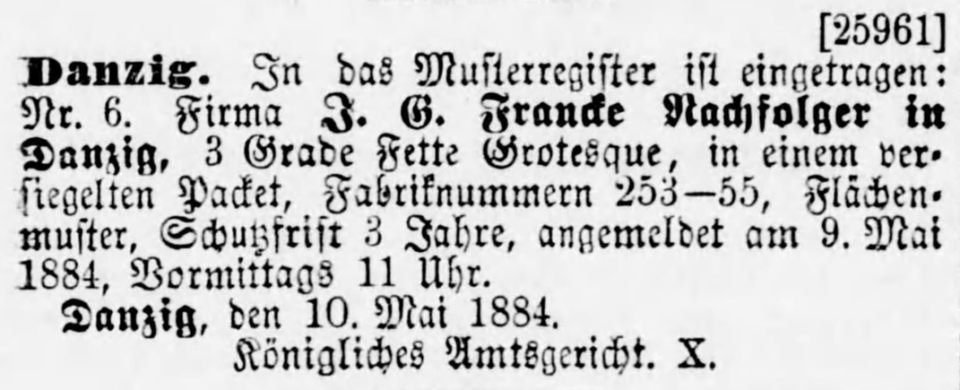 Notice of a J. G. Francke Nachfolger Musterregistrierung Danzig 1884