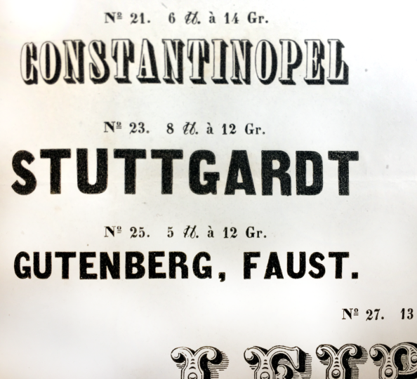 Close-up on three ornamental sans serif types from an 1840 Breitkopf and Härtel specimen sheet