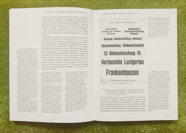 Spread on sans serif typefaces from my article in the Journal of the Printing Historical Society