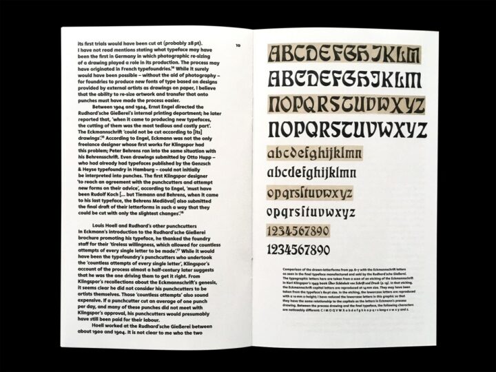 Spread comparing Otto Eckmann’s drawing with the final typeface as cut by Louis Hoell