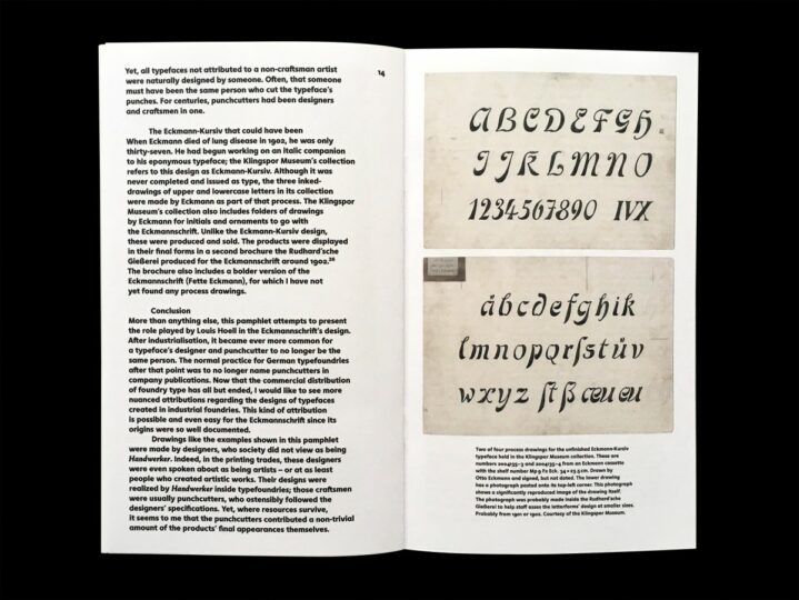 Spread reproducing two drawings for the unfinished Eckmann-Kursiv typeface