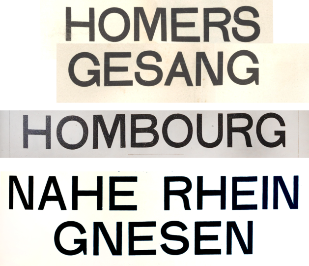 Three similar all-caps sans serif type designs