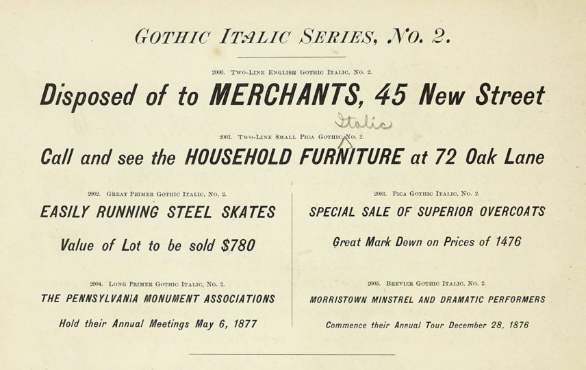 Gothic Italic Series, No. 2: specimen of six type sizes