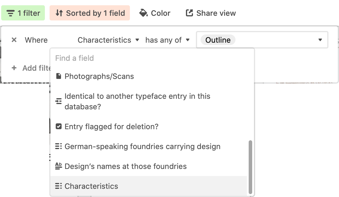 Create a filter to find any fonts whose characteristics include an outline.