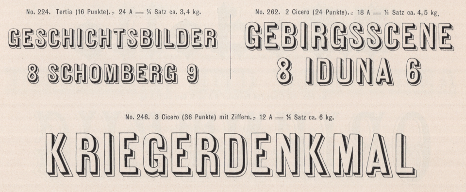 Schelter & Giesecke’s Antiqua-Zierschriften, numbers 224, 262 and 246. From its 1899 catalog.