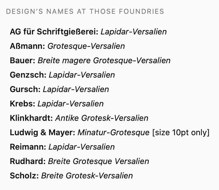 List of the names Genzsch & Heyse’s Lapidar-Versalien typeface went by at ten other German and Austrian typefoundries.