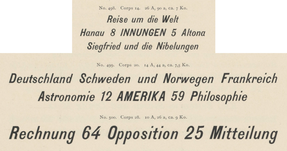 Benjamin Krebs Nachfolger 1899 catalog. 14, 20 and 28pt sizes of the design it sold as Kursiv-Steinschrift