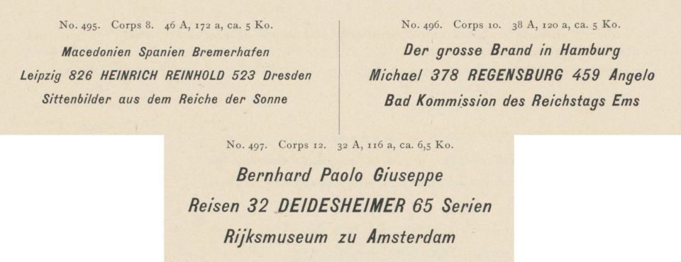 Benjamin Krebs Nachfolger 1899 catalog. 8, 10 and 12pt sizes of the design it sold as Kursiv-Steinschrift