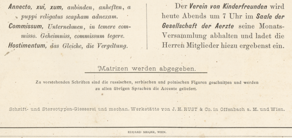 Bottom of J. H. Rust & Co.’s 1875 specimen sheet advertising the smaller sizes of the Halbfette Cursiv-Grotesque typeface.