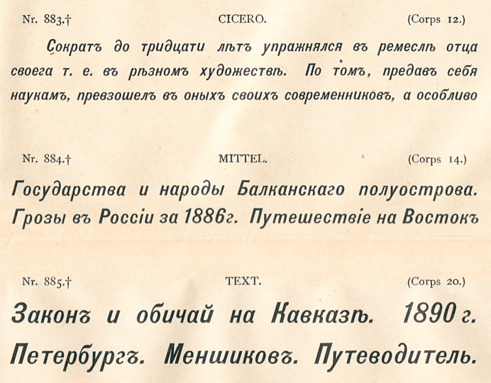 12, 14 and 20-pt sizes of W. Drugulin’s Steinschrift Cursiv [Russisch]