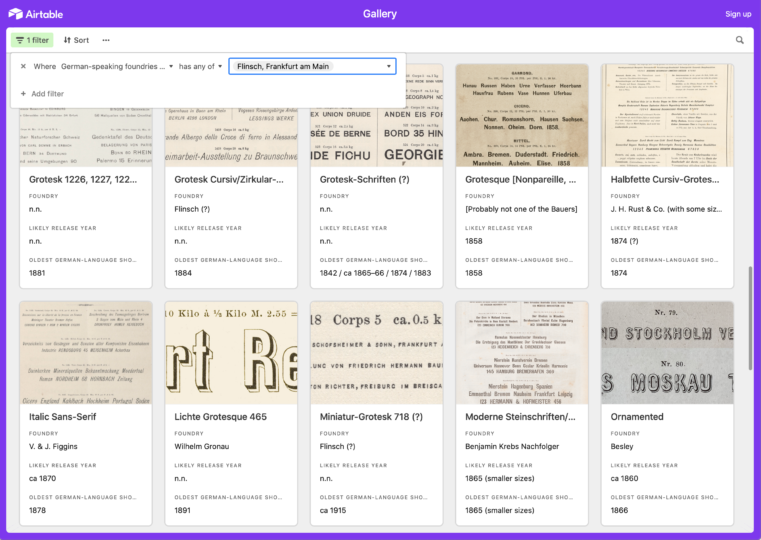 Screenshot of my Airtable database of original sans serifs sold by German, Austrian and Swiss type foundries during the 19th century