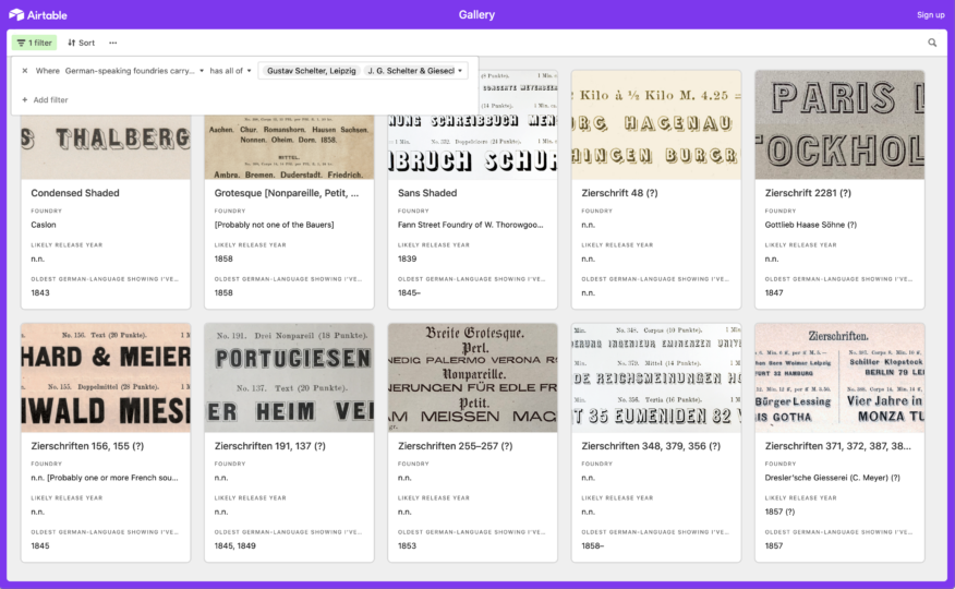 Airtable filter results for typefaces sold by both Gustav Schelter’s typefoundry and J. G. Schelter & Giesecke