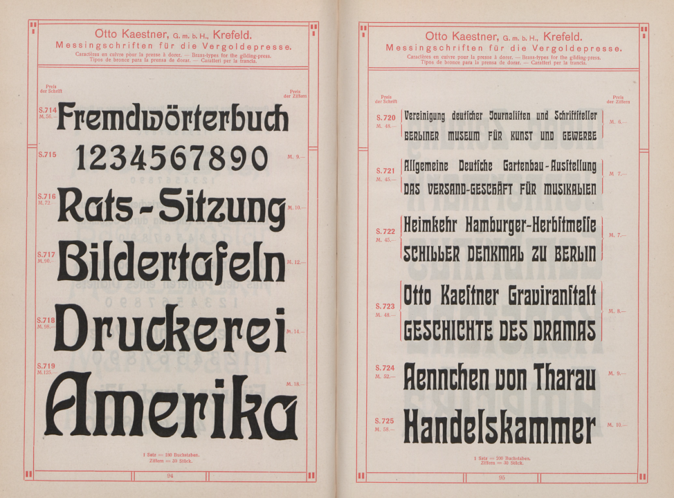 Otto Kaestner GmbH Krefeld Messingschriften für die Vergoldepresse brass types specimen fonts Schweimanns typeface D. Stempel AG Künstlerschrift Wodan Staatsbibliothek zu Berlin