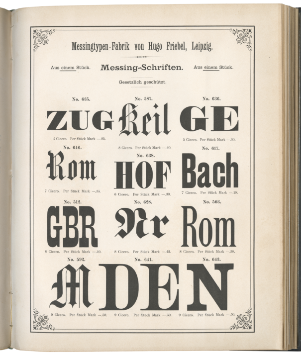 Messingtypen-Fabrik von Hugo Friebel Leipzig brass poster types 1887 Dan Reynolds Krefeld Germany fonts