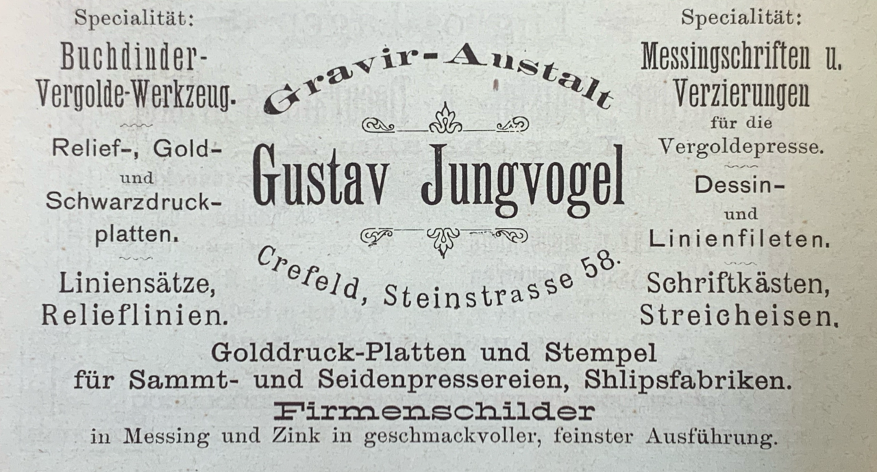 Gustav Jungvogel Crefeld Krefeld engraver Gravis-Anstalt Anzeige Werbung advertisement Messingschriften brass type fonts