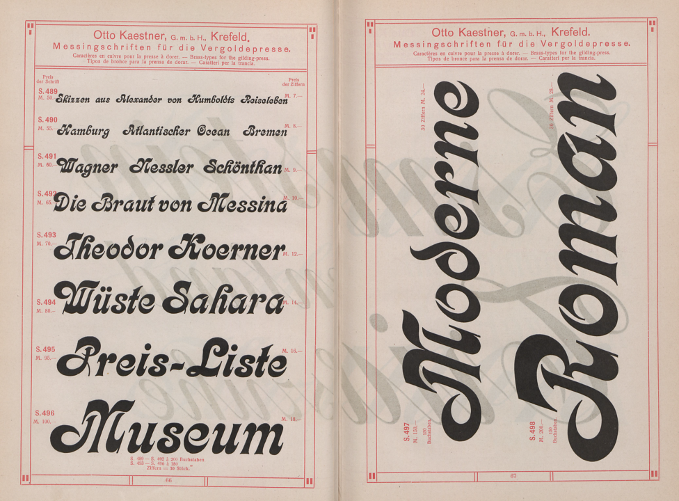 Otto Kaestner GmbH Krefeld Messingschriften für die Vergoldepresse Kalligraphia Gustav Reinhold H. Berthold AG typeface brass types fonts type specimen
