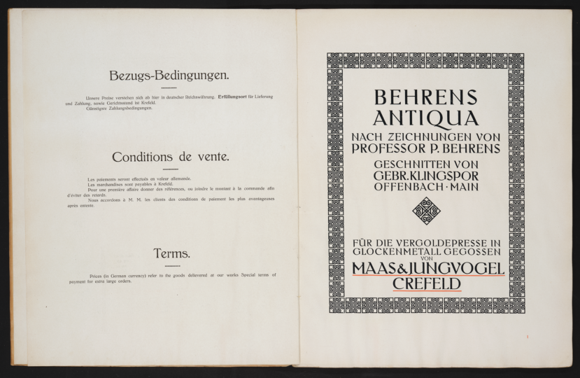 Behrens Antiqua Gebr. Klingspor Offenbach Maas & Jungvogel Crefeld Krefeld Schriften für die Vergoldepresse in Glockenmetall gegossen brass types fonts specimen Allard Pierson, University of Amsterdam, call number KVB LPF 215