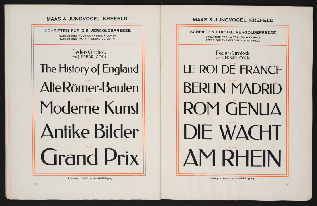 Maas & Jungvogel, Krefeld Schriften für die Vergoldepresse Feder-Grotesk von Jakob Erbar, Cöln typeface brass type fonts Allard Pierson, University of Amsterdam, call number KVB LPF 215