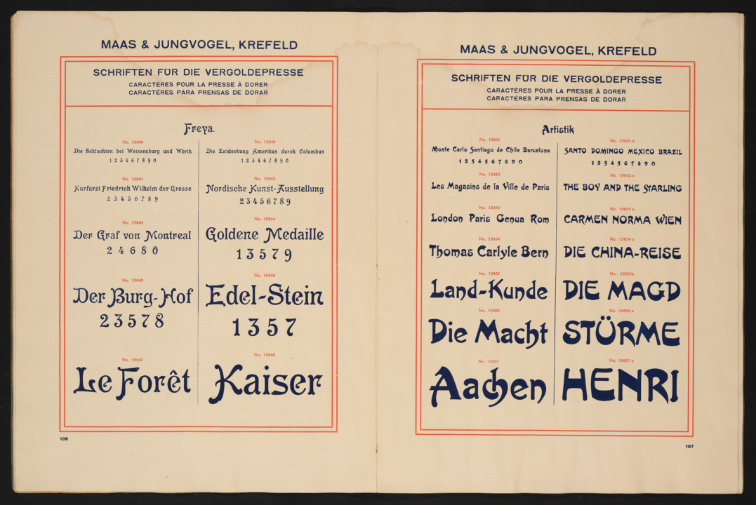 Maas & Jungvogel, Krefeld Schriften für die Vergoldepresse brass types fonts Freya Rudharsche Giesserei Offenbach Artistik H. Berthold AG Berlin Source: Allard Pierson, University of Amsterdam, call number KVB LPM 1895