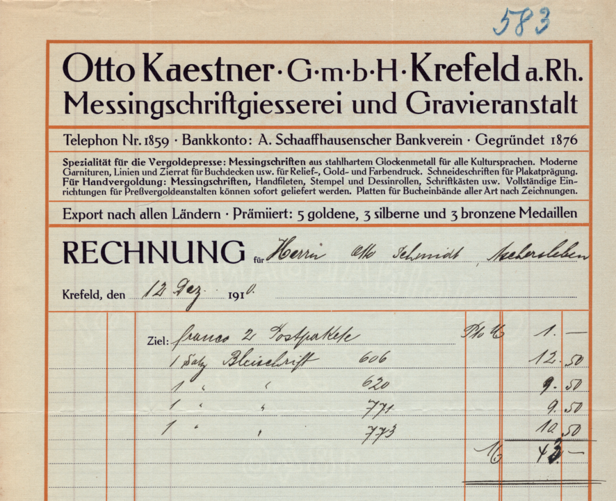 Otto Kaestner Messigngschriftgiesserei Krefeld Rechnung invoice Dan Reynolds Peter Behrens Behrens-Antiqua Gebr. Klingspor typeface fonts