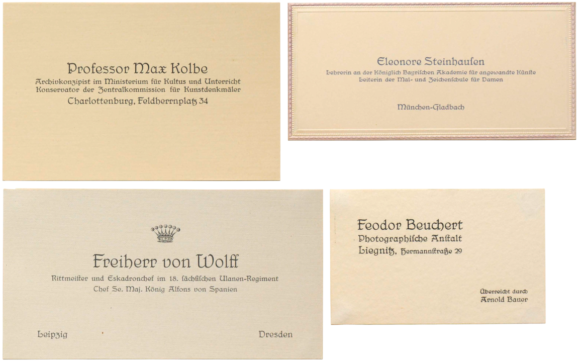 Collage of four speculative business cards the Julius Klinkhardt typefoundry printed to advertise the Belladonna typeface, designed by Hildegard Henning