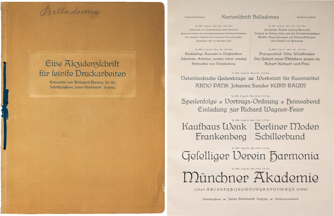 Specimen brochure cover and fifth page, Schriftgießerei Julius Klinkhardt, Kartenschrift Belladonna, Belladonna-Kartenschrift, designed by Hildegard Henning 1912
